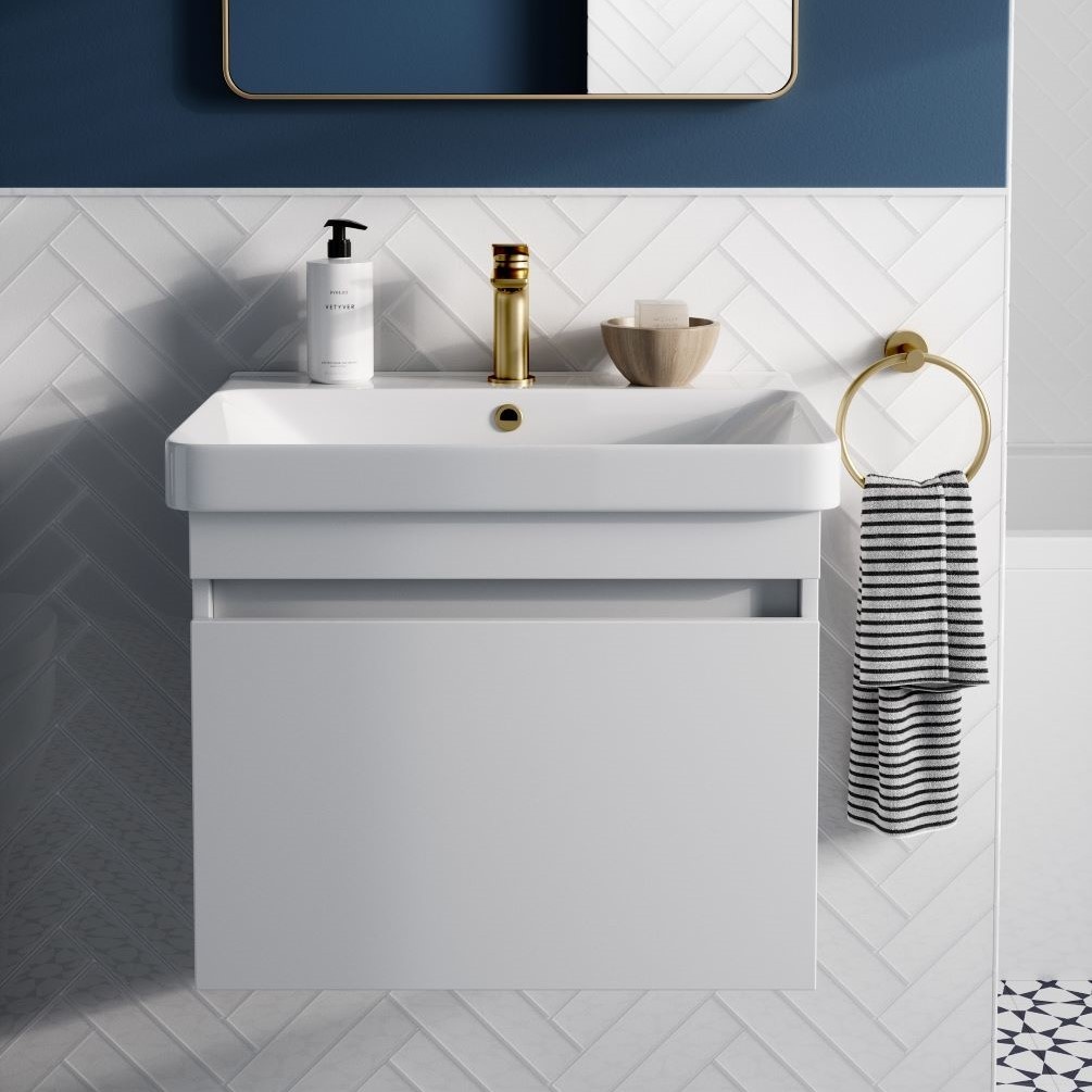 Full lifestyle shot of Britton Dalston 500mm wall-hung single drawer unit in matt white